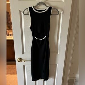 Black Midi Dress with White Trim - Elegant Sleeveless Cutout